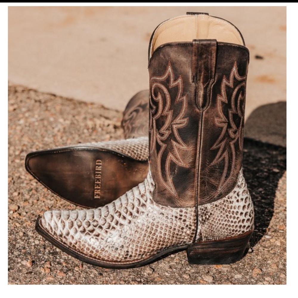 freebird Two-Tone Brown and Cream Exotic Leather Cowboy Boots
